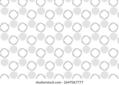 A repeating geometric pattern features alternating rows of thin black swirling circles and solid light grey circles on a clean white background.