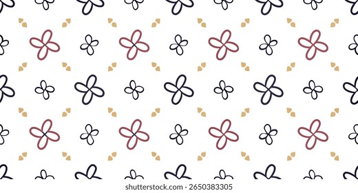 A repeating geometric pattern features stylized four-petal floral motifs in maroon, navy blue, and gold, arranged symmetrically on a clean white backdrop.