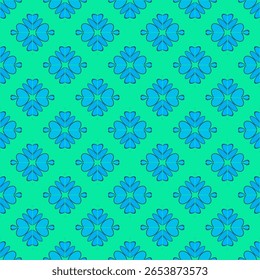 A repeating geometric pattern features stylized blue floral motifs set against a green background. The symmetrical design creates a harmonious and visually pleasing effect.