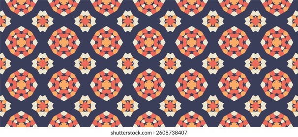A repeating geometric pattern featuring circular and star-like shapes in coral, cream, and navy colors.