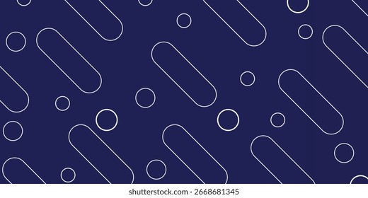 A repeating geometric pattern featuring diagonal white oblongs and circles on a dark blue background.  The design is simple and modern.