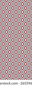 A repeating geometric pattern featuring diamond shapes in red, gray, and white, suitable for textiles or wallpaper design.