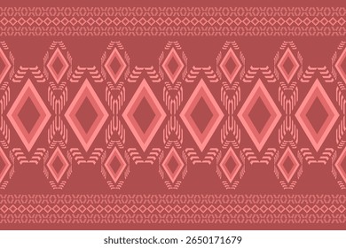 A repeating geometric pattern featuring diamonds and tribal inspired motifs in varying shades of pink against a solid muted red background