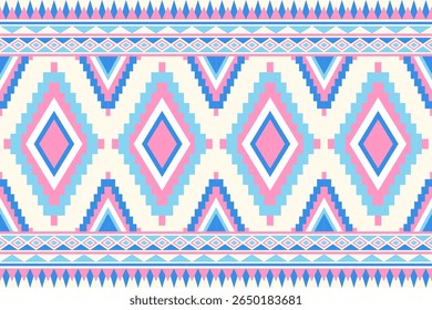 Ein sich wiederholendes geometrisches Muster mit Diamanten und Chevrons in Pastelltönen von Blau-Rosa und Creme