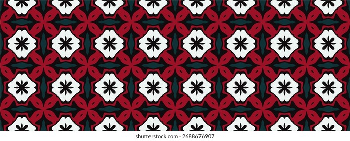 A repeating geometric pattern featuring diamonds and floral motifs in shades of red white and black.