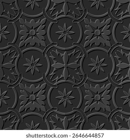 A repeating geometric pattern featuring floral motifs in a dark color scheme, suitable for backgrounds or textile designs.