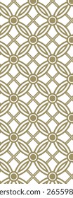 A repeating geometric pattern featuring interwoven shapes and circular elements in a muted color palette.
