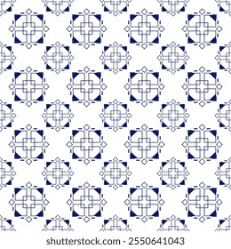 A repeating geometric pattern featuring intricate blue designs on a white background, creating a visually appealing texture.