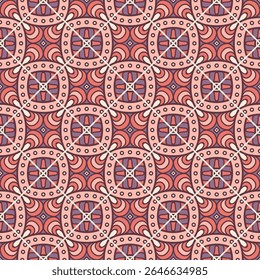 A repeating geometric pattern featuring intricate designs with circular and floral elements in warm colors.
