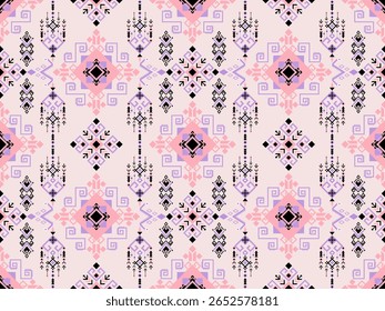 A repeating geometric pattern featuring pink, black, lavender, and white shapes creating a symmetrical, ethnic-inspired design on a soft pink background.