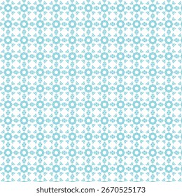 A repeating geometric pattern featuring small teal dots arranged in a symmetrical, almost floral or star-like motif against a white background.