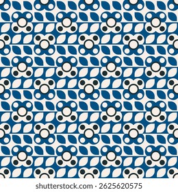 repeating geometric pattern featuring stylized flowers and leaves. The color palette is limited to blue, white, and black. The flowers have a white center surrounded by black dots, with blue petals.