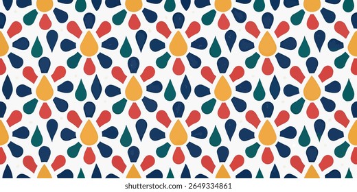 Um padrão geométrico repetitivo com formas de gotas estilizadas dispostas como pétalas de flores em uma paleta alegre de amarelo, azul, vermelho e verde em um fundo branco.