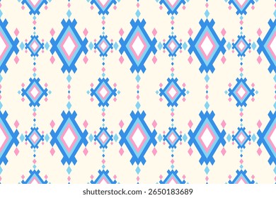 A repeating geometric pattern featuring stylized diamond shapes in blue pink and white against a cream background