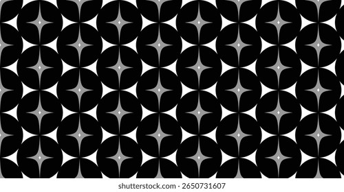 A repeating geometric pattern featuring stylized stars within circular shapes.  The design uses black, white, and gray tones.