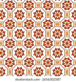 A repeating geometric pattern featuring stylized flowers within octagonal frames, interspersed with square elements. The color palette includes shades of red, orange, and tan.