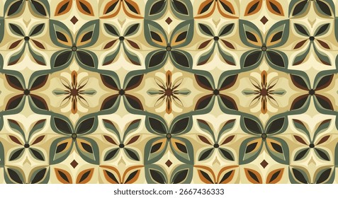 A repeating geometric pattern featuring stylized floral motifs in shades of green, brown, and beige. The design is symmetrical and creates a seamless texture.