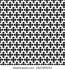 A repeating geometric pattern featuring stylized floral motifs in a stark black and white contrast, creating a visually complex texture.