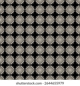 A repeating geometric pattern featuring taupe sunburst motifs on a black background. The design is simple yet elegant with a subtle vintage feel. The color contrast is sharp 
