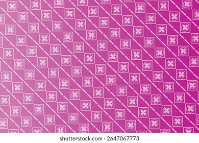 Um padrão geométrico repetitivo com motivos de trevo branco delimitados por quadrados, separados por linhas brancas diagonais e pontos em um gradiente rosa suave.