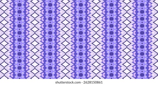 Repeating geometric pattern in harmonious purple hues with diamond shapes and curved motifs.