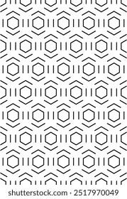 A repeating geometric pattern of hexagons created with clean, sharp black lines. Each hexagon is surrounded by parallel lines and chevron-like shapes, creating a balanced and structured design. The mi