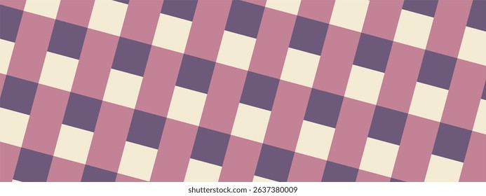 A repeating geometric pattern of interlocking, diagonally oriented rectangles in shades of purple and beige, creating a sense of depth and a slightly retro feel.