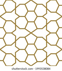 Repeating geometric pattern of mixed shapes in gold forming space ship rocket outlines, white background, vector illustration