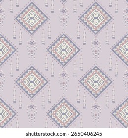 A repeating geometric pattern in pink purple tones with intricate diamond shapes, inspired by ethnic tribal weaving.