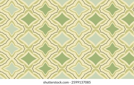 repeating geometric pattern of quatrefoils in shades of green and beige, for textile, wallpaper, gift wrapping.