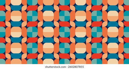 a repeating geometric pattern with a retro style, using bold shapes and vibrant colors reminiscent of vintage aesthetics.