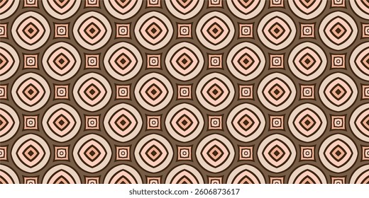 a repeating geometric pattern with a retro or vintage aesthetic. The design is composed of concentric circles and squares, arranged in a grid-like layout.