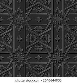 A repeating geometric pattern in shades of gray, featuring intricate designs and shapes.