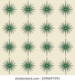 A repeating geometric pattern showcasing symmetrical green starburst algae motifs with fine outlines on a beige backdrop, offering a sleek and contemporary aesthetic