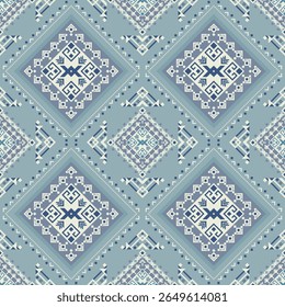 A repeating geometric pattern in soft blue tones with intricate diamond shapes, inspired by ethnic tribal weaving.