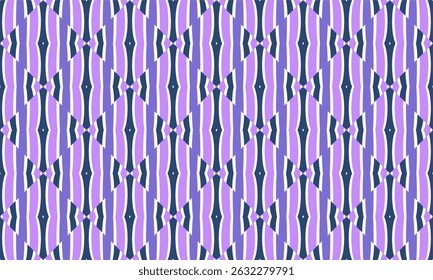 Een herhaald geometrisch patroon van verticale strepen, variërend in breedte en kleur lavendel, paars, donkerblauw, wit, gerangschikt om diamant en zigzag vormen te vormen.
