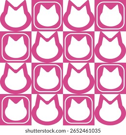 Repeating geometric pattern of white cat head shapes in pink squares creates a fun and playful design..