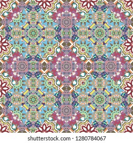 Repeating geometric pink, brown and blue tiles. Trendy contemporary graphics. Vector seamless pattern. Modern stylish texture.