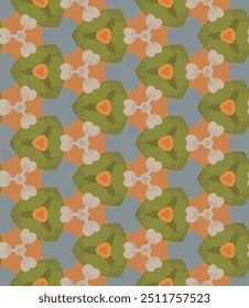 Repeating geometric seamless pattern with five-sided shapes in shades of orange, green, blue, and white. The design is intricate and visually complex.