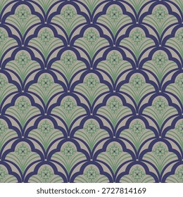 Formas geométricas repetitivas Fondo de pantalla de estilo art déco inspirado en el diseño de Formas de concha o abanico con un interior floral abstracto con tonos de azul oscuro, gris y verde claro. Ilustración vectorial.