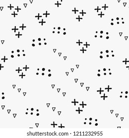 Repeating geometric shapes drawn by hand. Simple seamless pattern with crosses, triangles and round spots. Sketch, doodle. Vector illustration.