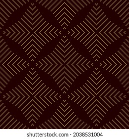Repeating geometric tiles with dotted rhombus – golden dots on deep red background. Abstract textured geometric seamless pattern. Modern stylish texture background. Vector illustration.
