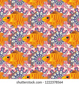 Repeating geometric tiles with fish. Fishes in blue, beige and yellow colors. Vector seamless pattern or modern stylish texture.