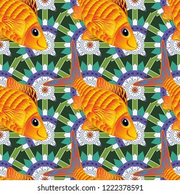 Repeating geometric tiles with fish. Fishes in green, yellow and blue colors. Vector seamless pattern or modern stylish texture.