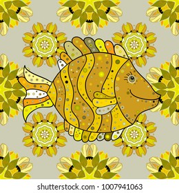 Repeating geometric tiles with fish. Vector seamless pattern. Modern stylish texture. Fishes on yellow, neutral and green.