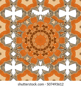 Repeating geometric tiles with mandala. Vector laced decorative background with floral and geometric ornament. Seamless oriental ornamental pattern. Indian or Arabic motive. Brown, orange, white