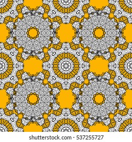 Repeating geometric tiles with mandala. Vector laced decorative background with floral and geometric ornament. Seamless oriental ornamental pattern. Indian or Arabic motive. Brown, orange, white