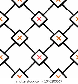 Repeating geometric tiles with squares and rhombuses and red crosses. Vector seamless pattern. Modern stylish texture. 