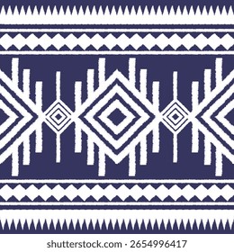 Un patrón tribal geométrico repetitivo en azul marino y blanco con diamantes y bordes en zig zag