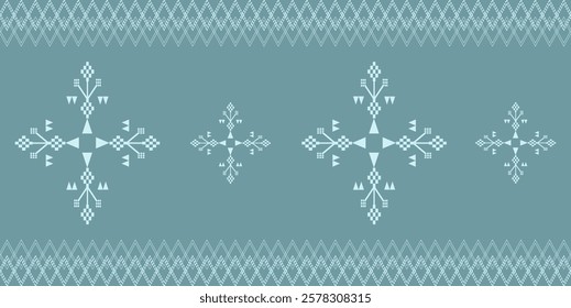 Repeating geometric tribal pattern,ethnic border embroidery, diamonds motifs on teal background. Suitable for textile prints, backgrounds, wallpaper,neckline design ,home decoration